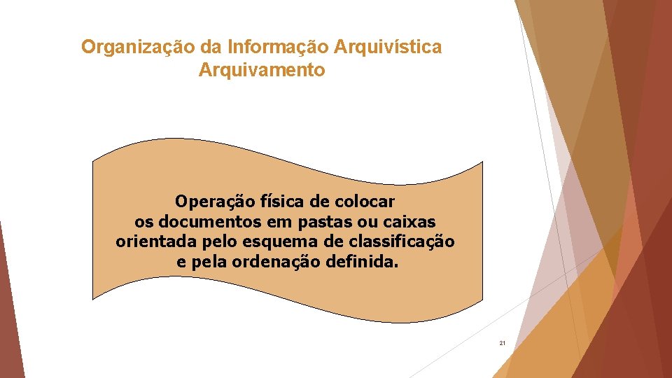 Organização da Informação Arquivística Arquivamento Operação física de colocar os documentos em pastas ou