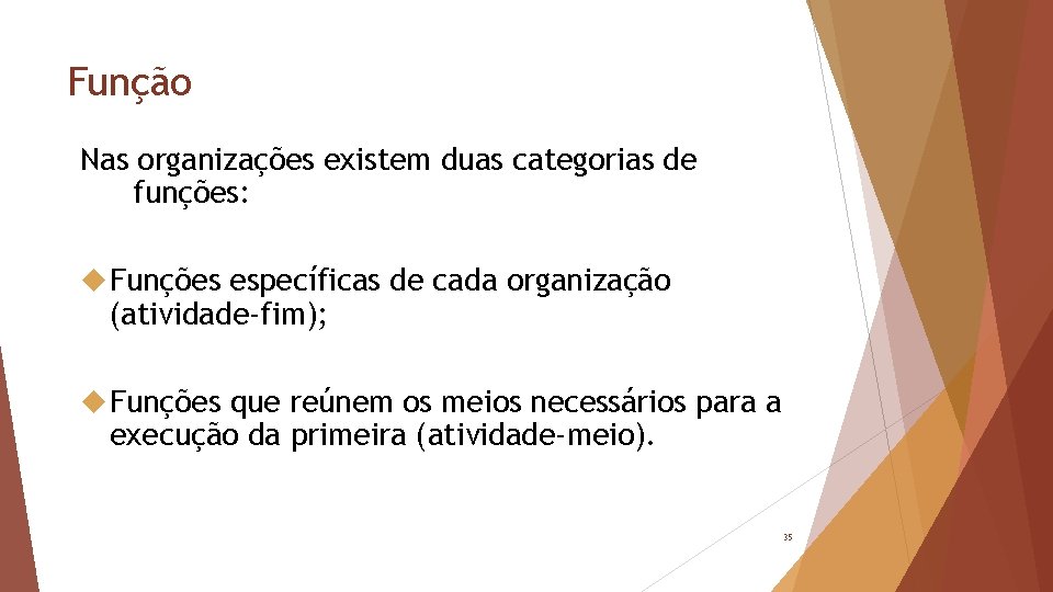 Função Nas organizações existem duas categorias de funções: Funções específicas de cada organização (atividade-fim);