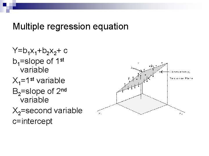 Multiple regression equation Y=b 1 x 1+b 2 x 2+ c b 1=slope of