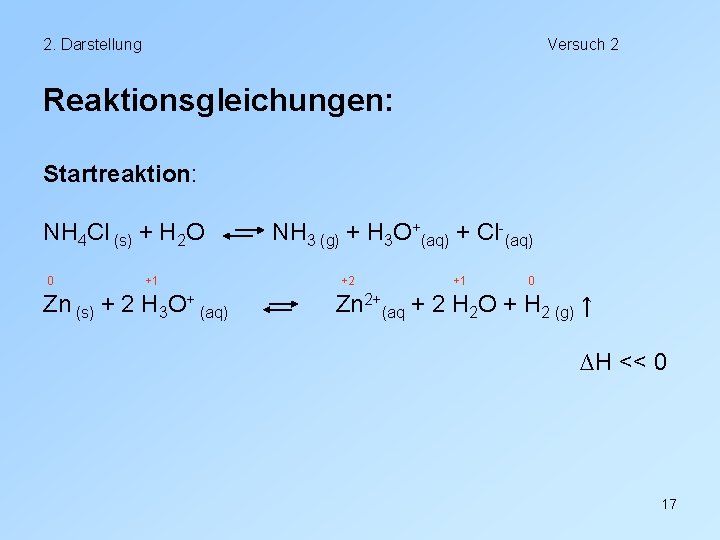 2. Darstellung Versuch 2 Reaktionsgleichungen: Startreaktion: NH 4 Cl (s) + H 2 O