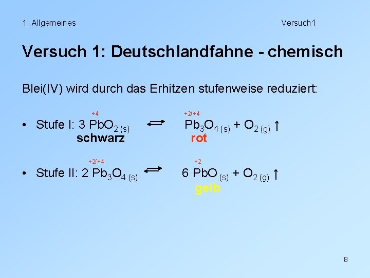 1. Allgemeines Versuch 1: Deutschlandfahne - chemisch Blei(IV) wird durch das Erhitzen stufenweise reduziert: