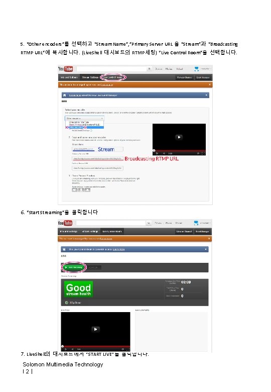 5. “Other encoders”를 선택하고 “Stream Name”, ”Primary Server URL 을 “Stream”과 “Broadcasting RTMP URL”에