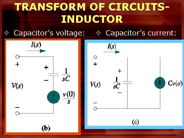 TRANSFORM OF CIRCUITSINDUCTOR ± Capacitor’s voltage: ± Capacitor’s current: 