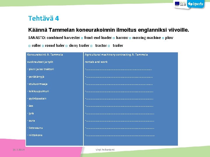 Tehtävä 4 Käännä Tammelan koneurakoinnin ilmoitus englanniksi viivoille. SANASTO: combined harvester □ front-end loader