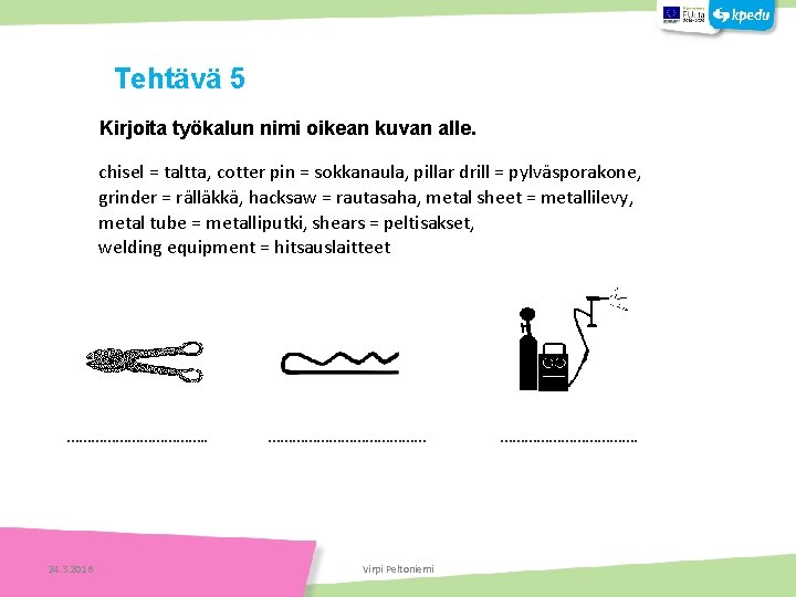 Kirjoita työkalun nimi oikean kuvan alle. chisel = taltta, cotter pin = sokkanaula, pillar