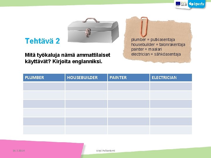 Mitä työkaluja nämä ammattilaiset käyttävät? Kirjoita englanniksi. HOUSEBUILDER PAINTER Tehtäviä PLUMBER 24. 3. 2016