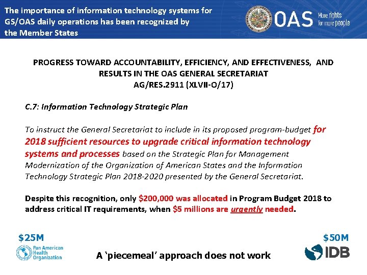 The importance of information technology systems for GS/OAS daily operations has been recognized by