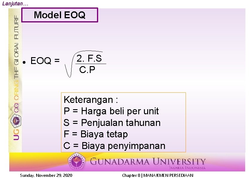 Lanjutan… Model EOQ = 2. F. S C. P Keterangan : P = Harga