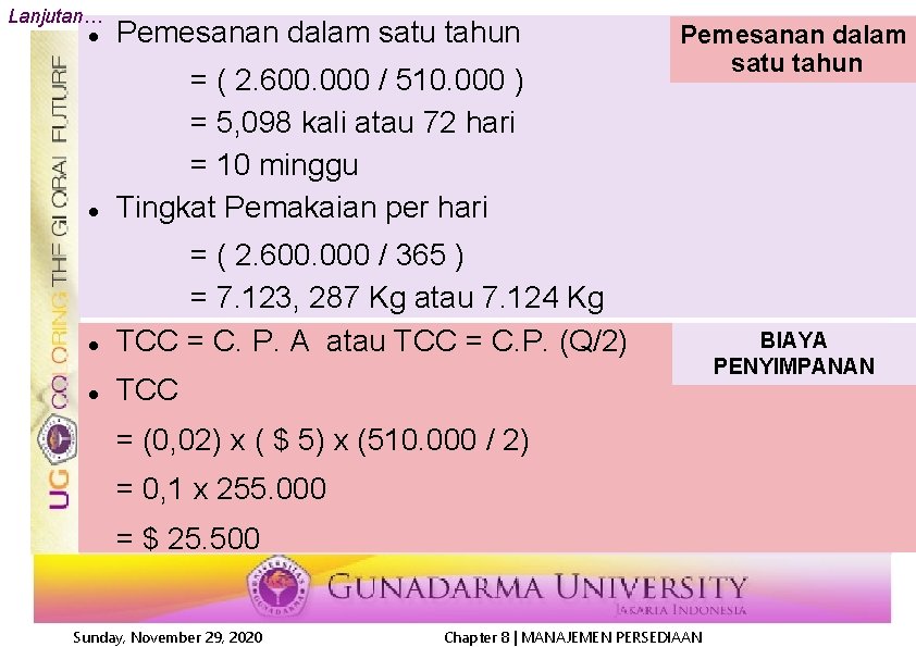 Lanjutan… Pemesanan dalam satu tahun = ( 2. 600. 000 / 510. 000 )