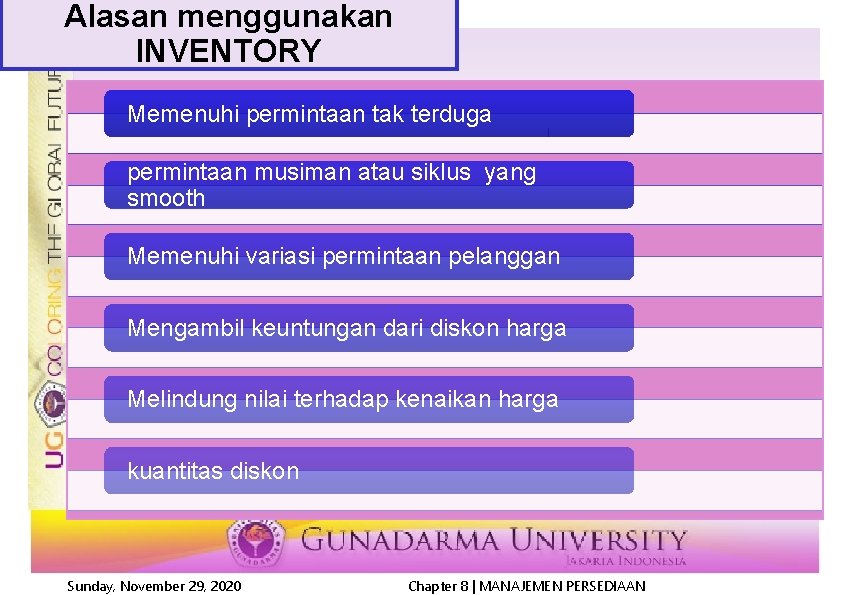 Alasan menggunakan INVENTORY Memenuhi permintaan tak terduga permintaan musiman atau siklus yang smooth Memenuhi