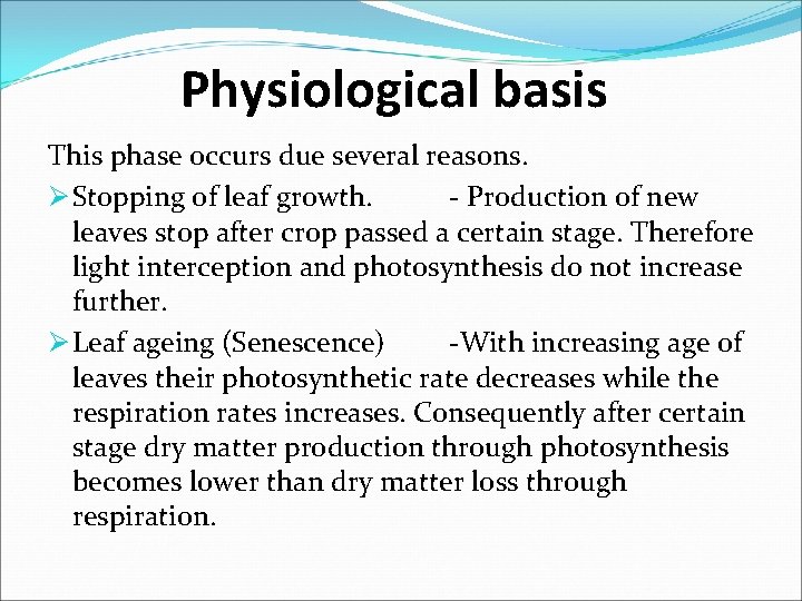 Physiological basis This phase occurs due several reasons. Ø Stopping of leaf growth. -
