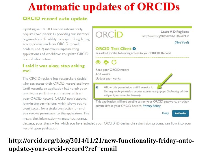 Automatic updates of ORCIDs http: //orcid. org/blog/2014/11/21/new-functionality-friday-autoupdate-your-orcid-record? ref=email 