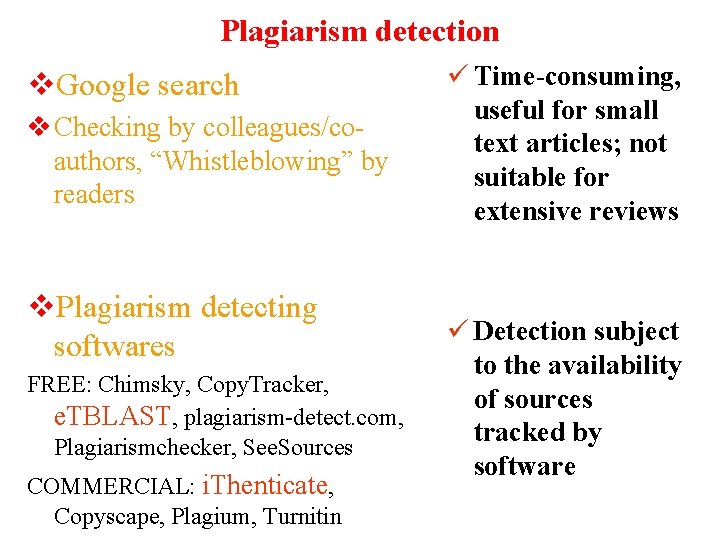 Plagiarism detection v. Google search v Checking by colleagues/coauthors, “Whistleblowing” by readers v. Plagiarism