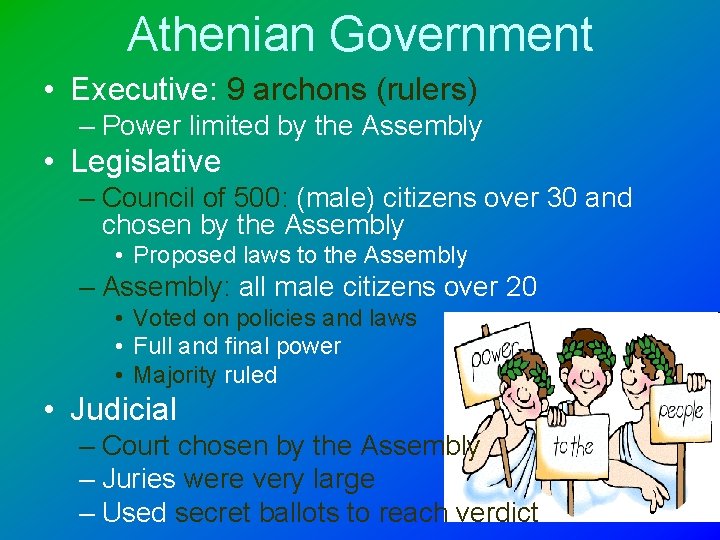 Athenian Government • Executive: 9 archons (rulers) – Power limited by the Assembly •