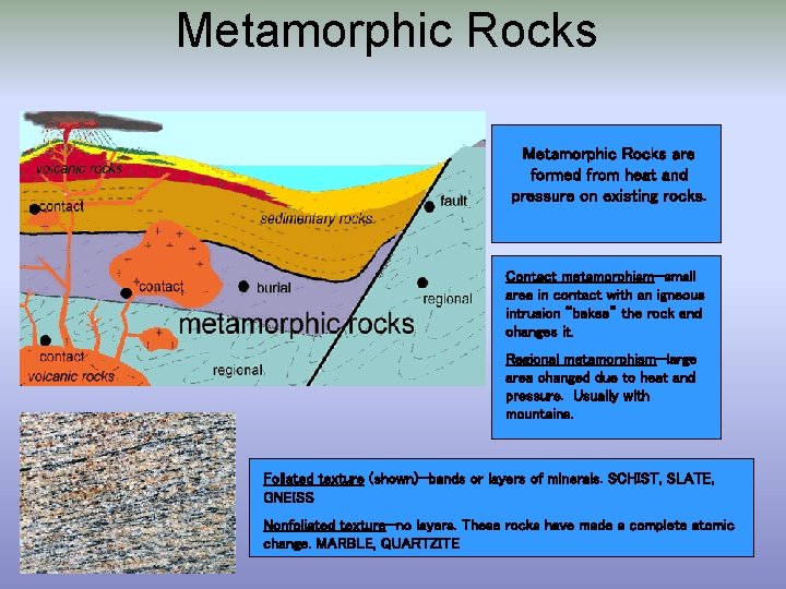 Metamorphic Rocks are formed from heat and pressure on existing rocks. Contact metamorphism—small area