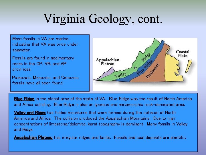 Virginia Geology, cont. Most fossils in VA are marine, indicating that VA was once