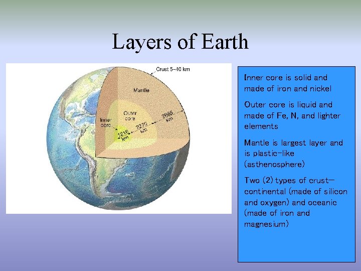 Layers of Earth Inner core is solid and made of iron and nickel Outer