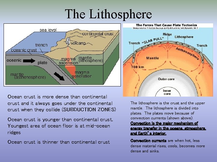 The Lithosphere Ocean crust is more dense than continental crust and it always goes