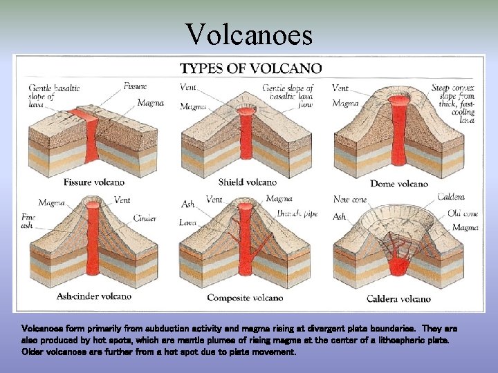Volcanoes form primarily from subduction activity and magma rising at divergent plate boundaries. They