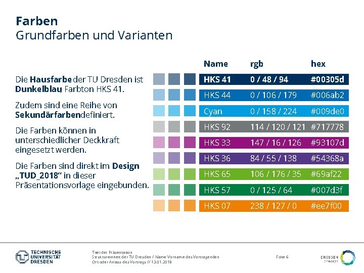 Farben Grundfarben und Varianten Die Hausfarbe der TU Dresden ist Dunkelblau, Farbton HKS 41.