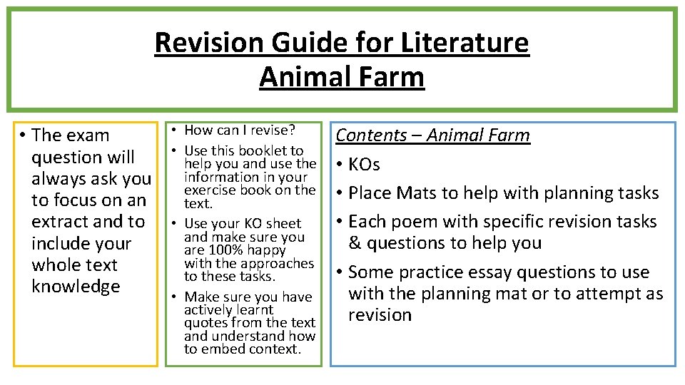 Revision Guide for Literature Animal Farm • The exam question will always ask you