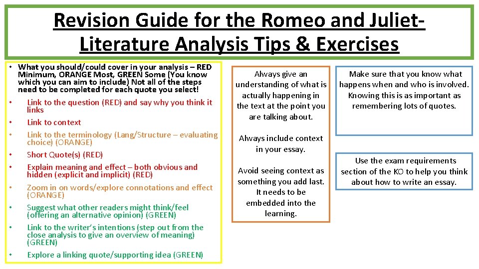 Revision Guide for the Romeo and Juliet. Literature Analysis Tips & Exercises • What