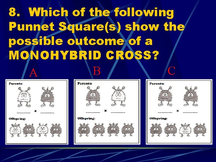 8. Which of the following Punnet Square(s) show the possible outcome of a MONOHYBRID