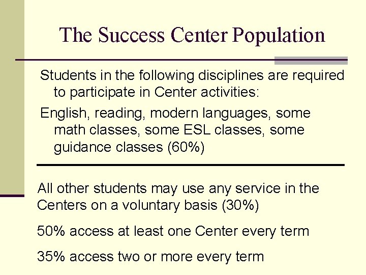 The Success Center Population Students in the following disciplines are required to participate in