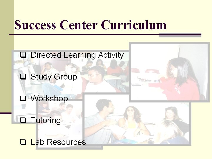 Success Center Curriculum q Directed Learning Activity q Study Group q Workshop q Tutoring