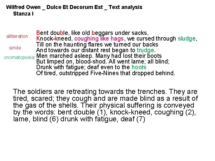 Wilfred Owen _ Dulce Et Decorum Est _ Text analysis Stanza I alliteration simile