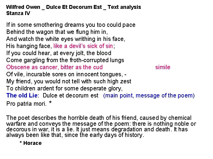 Wilfred Owen _ Dulce Et Decorum Est _ Text analysis Stanza IV If in