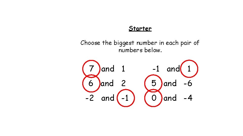 Starter Choose the biggest number in each pair of numbers below. 7 and 1