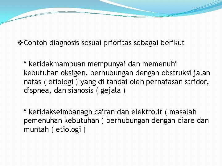 v Contoh diagnosis sesuai prioritas sebagai berikut * ketidakmampuan mempunyai dan memenuhi kebutuhan oksigen,