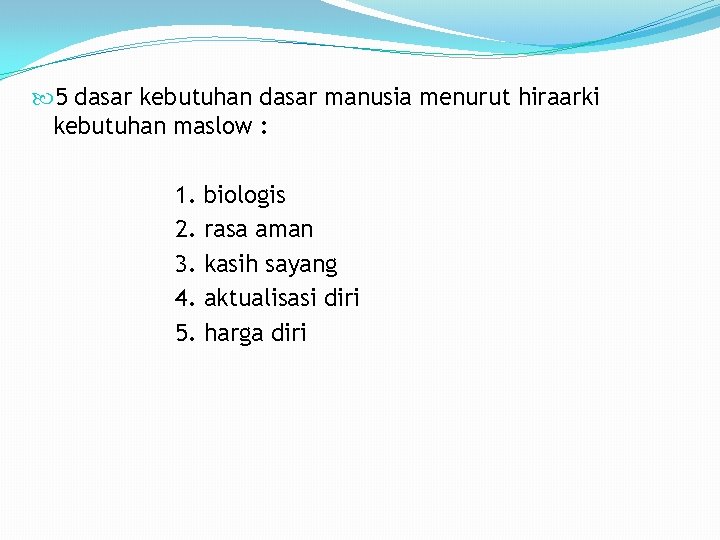  5 dasar kebutuhan dasar manusia menurut hiraarki kebutuhan maslow : 1. 2. 3.