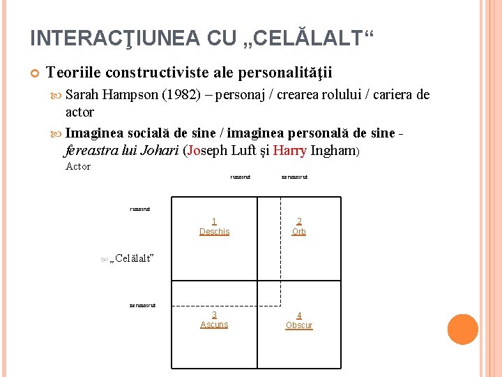 INTERACŢIUNEA CU „CELĂLALT“ Teoriile constructiviste ale personalităţii Sarah Hampson (1982) – personaj / crearea