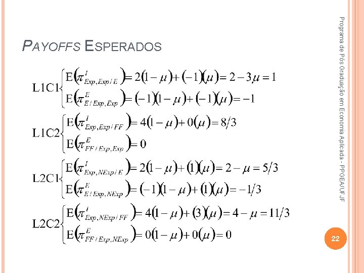 Programa de Pós Graduação em Economia Aplicada - PPGEA/UFJF PAYOFFS ESPERADOS 22 