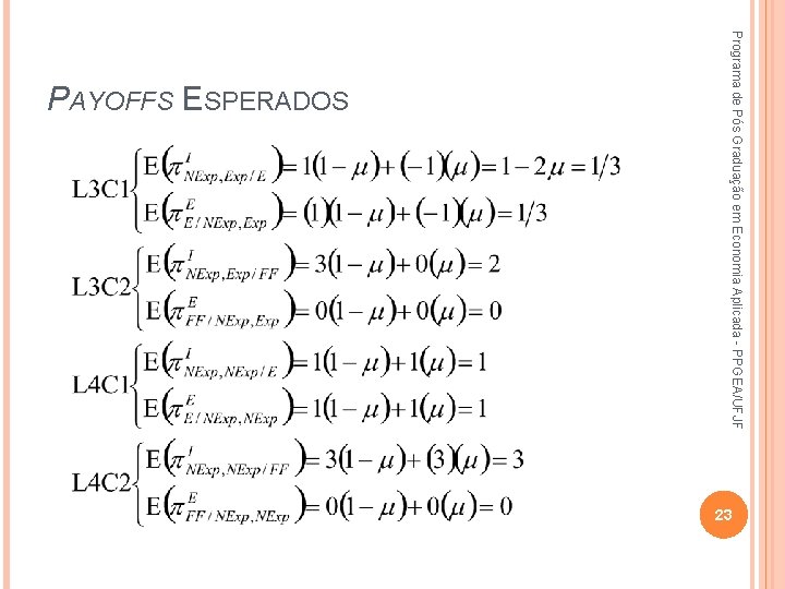 Programa de Pós Graduação em Economia Aplicada - PPGEA/UFJF PAYOFFS ESPERADOS 23 