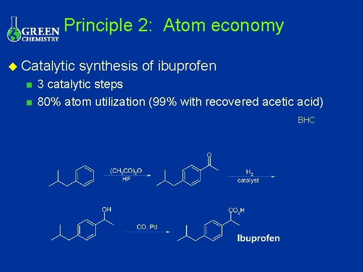 Principle 2: Atom economy u Catalytic n n synthesis of ibuprofen 3 catalytic steps