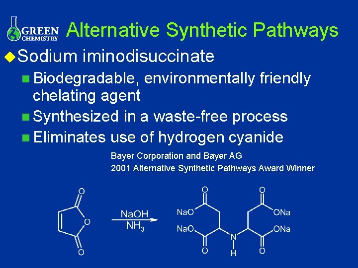 Alternative Synthetic Pathways u. Sodium iminodisuccinate n Biodegradable, environmentally friendly chelating agent n Synthesized