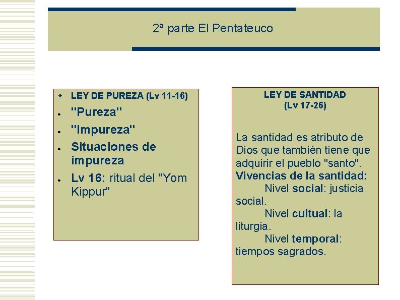 2ª parte El Pentateuco LEY DE PUREZA (Lv 11 -16) ● ● "Pureza" "Impureza" 2ª parte El Pentateuco LEY DE PUREZA (Lv 11 -16) ● ● "Pureza" "Impureza"