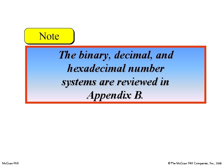 The binary, decimal, and hexadecimal number systems are reviewed in Appendix B. Mc. Graw-Hill