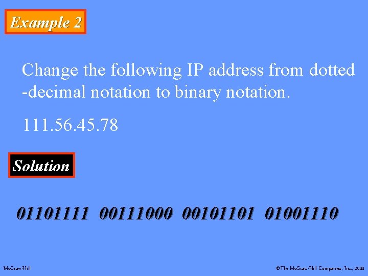 Example 2 Change the following IP address from dotted -decimal notation to binary notation.