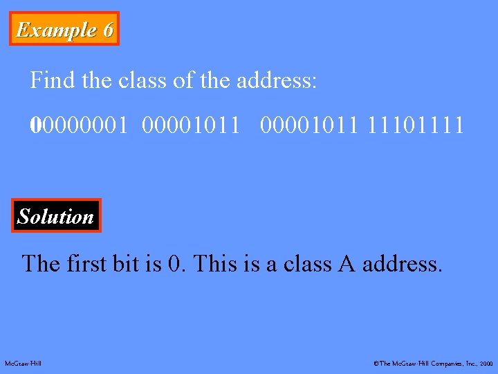 Example 6 Find the class of the address: 00000001011 11101111 Solution The first bit