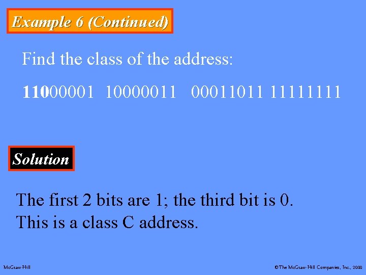 Example 6 (Continued) Find the class of the address: 110000011 00011011 1111 Solution The