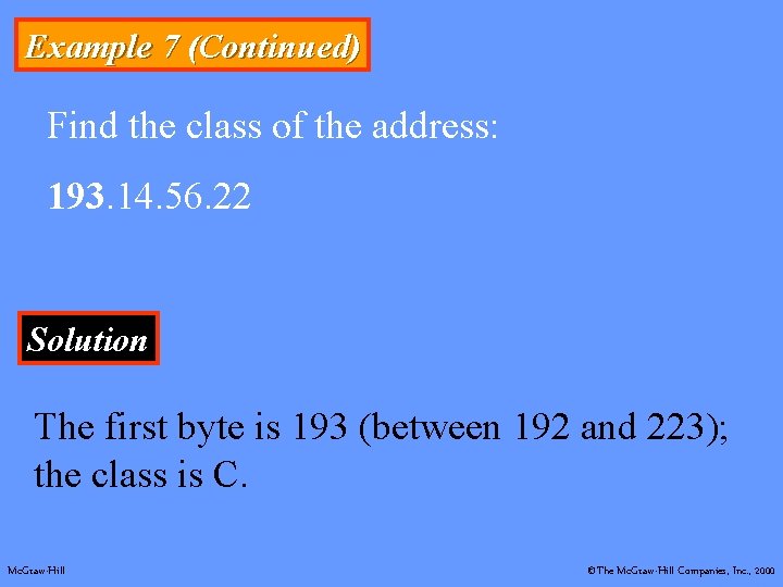 Example 7 (Continued) Find the class of the address: 193. 14. 56. 22 Solution