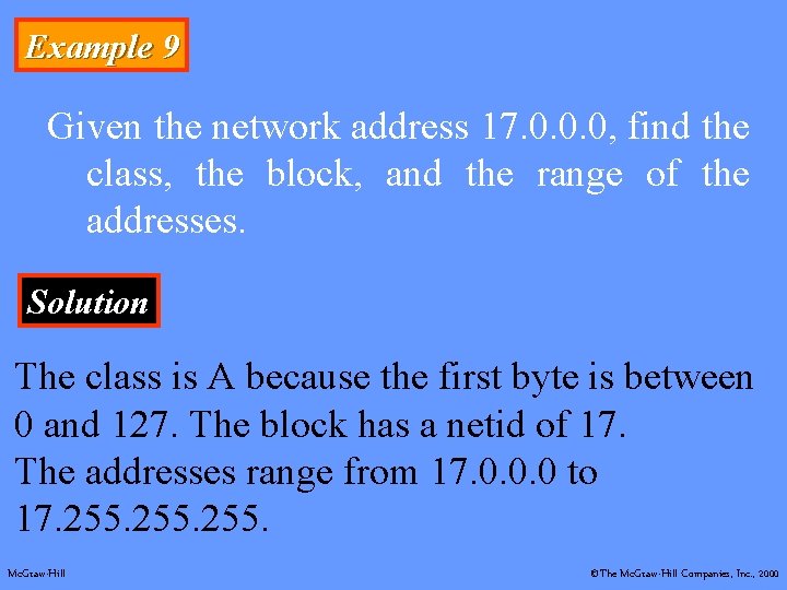 Example 9 Given the network address 17. 0. 0. 0, find the class, the