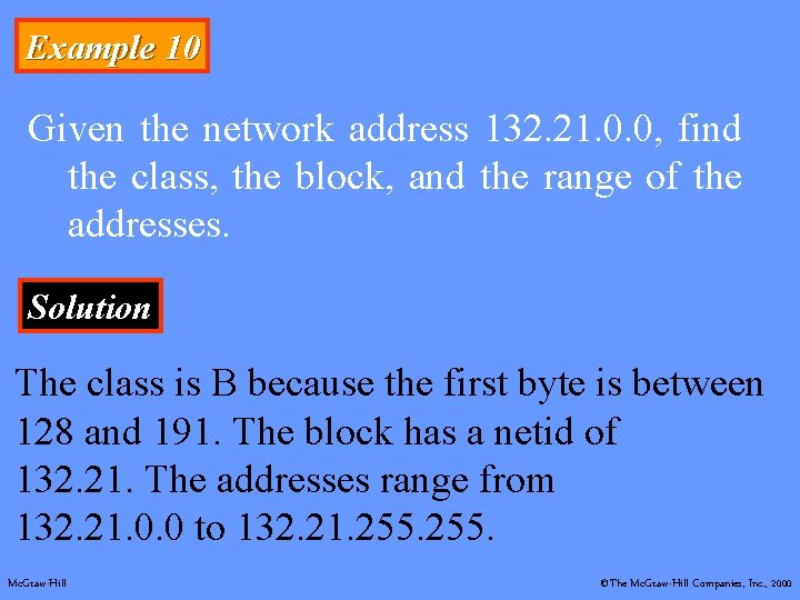 Example 10 Given the network address 132. 21. 0. 0, find the class, the