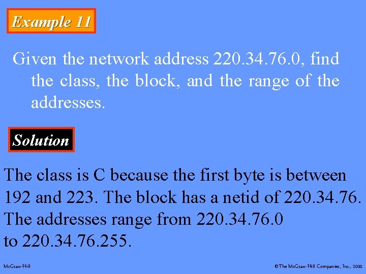 Example 11 Given the network address 220. 34. 76. 0, find the class, the