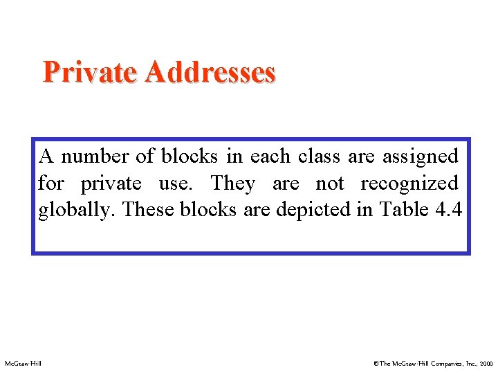 Private Addresses A number of blocks in each class are assigned for private use.