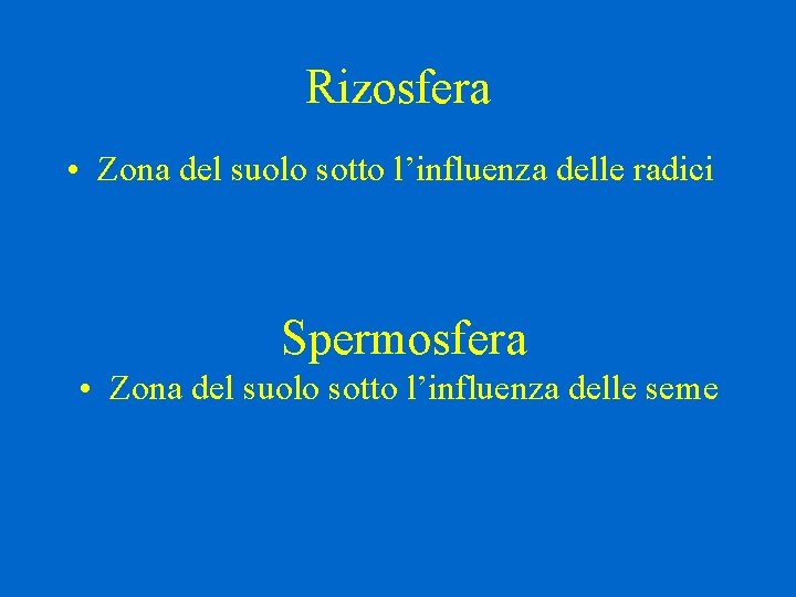 Rizosfera • Zona del suolo sotto l’influenza delle radici Spermosfera • Zona del suolo